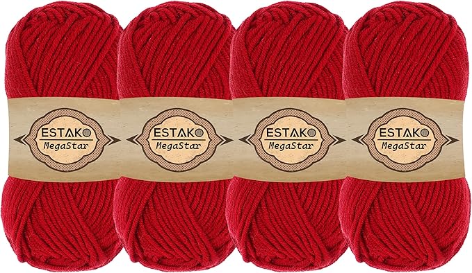 Estako Megastar, (4 Skeins Pack) 75% Acrylic 25% Wool Yarn, Soft, Chunky Bulky Weight #5 for Crochet and Knitting (4 x 3.52 Oz) / (4 x 120 Yrds) (63121 - Red)