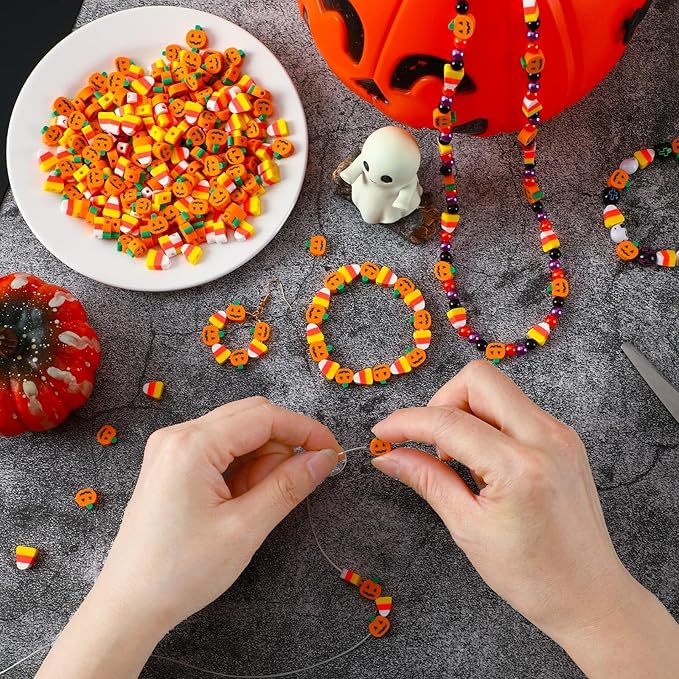 Augshy 300Pcs Halloween Polymer Clay Beads, Pumpkin Candy Corn Clay Beads Spacer Loose Beads for Bracelets Necklaces Earrings Craft Supplies for Jewelry Making