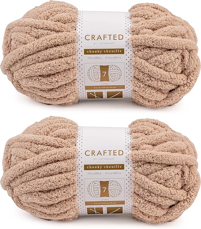 Crafted By Catherine Chunky Chenille Yarn - 2 Pack (41 Yards Each Skein), Beige, Gauge 7 Jumbo