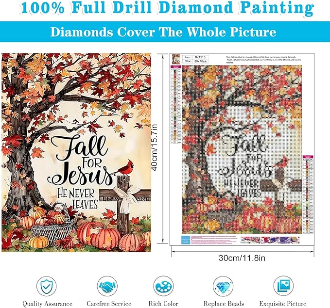 Diamond Art Kits for Adults, 5D DIY Fall for Jesus He Never Leaves Diamond Painting Kits Beginners, Diamond Dots Gem Arts Crafts Kits for Living Room Bedroom Offices Home Wall Decor 12X16 Inch