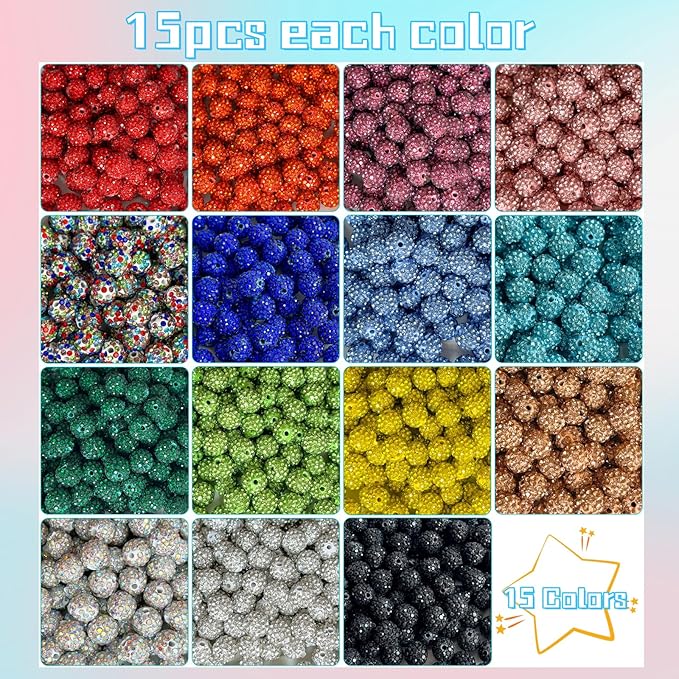 225pcs 15 Colors Rhinestones Beads 10mm Pave Disco Ball Beads Polymer Clay Rhinestone Round Crystal Diamond Bead for Jewelry Making European Style Bracelets Christmas Decor