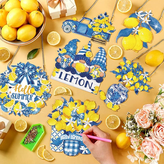 Zonon 6 Pcs Lemon Diamond Art Hanging Sign Decor Summer Capri Lemon Diamond Painting Kits Blue Yellow Adult DIY Craft Art Acrylic Hanging Pendant Ornaments Wreath for Wall Window Home Decorations
