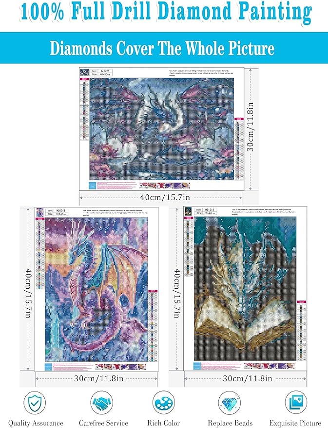 Meothan 3 Pack Diamond Art Kits for Adults, Dragon Diamond Painting Kits for Adults, 5D DIY Round Drill Gem Art Paint with Diamonds Dots Crafts Kits for Home Decor Gift 12x16inch