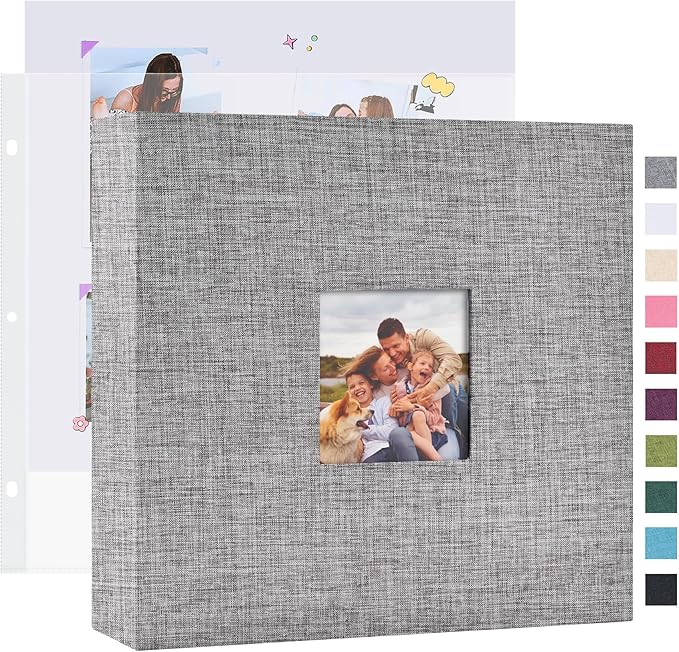 Mublalbum 10x10 Inch DIY Scrapbook Photo Album with 40 Plastic Sleeves 80 Pages Linen Cover 3 Ring Folder Binder for Wedding Baby Family and DIY Projects (Grey)