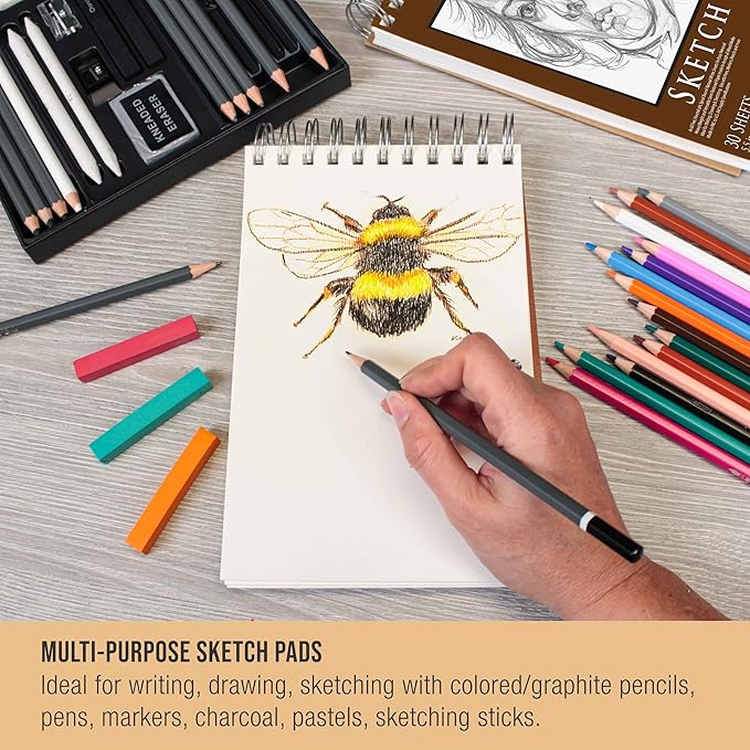 u.s. art supply 5.5”x8.5 premium heavy-weight paper spiral bound sketch book: 90 pound (160gsm), 30-sheet drawing pad (2 pack)