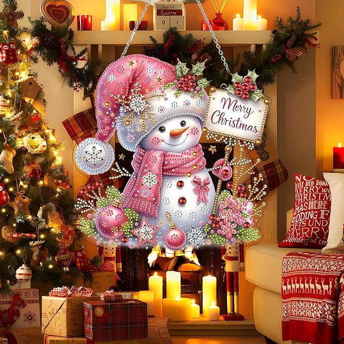 Diamond Art Hanging Kit for Adult,Special Shaped Rhinestone,DIY Acrylic Diamond Art Painting Window Pendants Home Garden Wall Hanging Kits Hanging Ornament,Double Sided. (Christmas Snowman-2)
