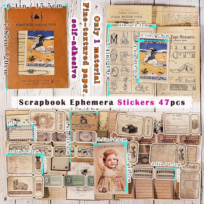 CATaireen Vintage Junk-Journal Mixed Paper Scrapbooking Embellishments Set Retro Journaling Decoupage Stickers Textured Packaging Decorative Cards Tags Kit (Library 1)