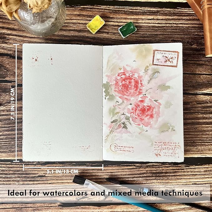 tumuarta Deckle Edge Watercolor Paper Sketchbook, 100% Cotton Paper Vintage Leather Sketch Book Journal, 140 Lb, 300 GSM, 24 Sheets Handmade Diary for Mixed Media Techniques. (Black, 7.5"x5")