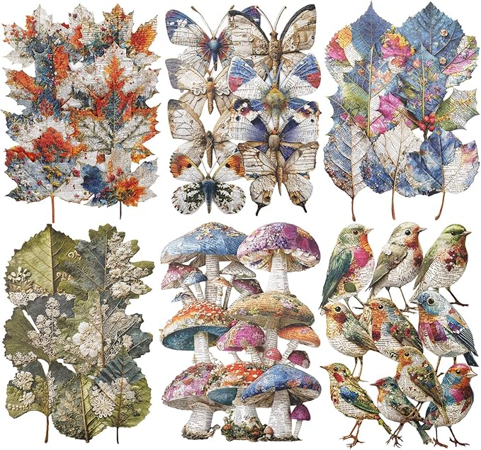 Retro Natural Collage Cardstock Sticker Pack – 60pcs Butterflies Birds Leaves Mushrooms DIY for Scrapbook Junk Journal Cardmaking Tags Collage & Item Decoration