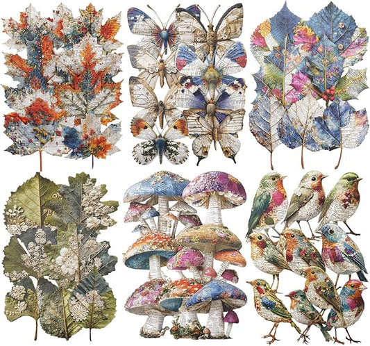 Retro Natural Collage Cardstock Sticker Pack – 60pcs Butterflies Birds Leaves Mushrooms DIY for Scrapbook Junk Journal Cardmaking Tags Collage & Item Decoration