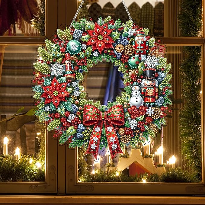 JJFox Diamond Art Hanging Kit for Adult,Special Shaped Rhinestone,Double Sided DIY Acrylic Diamond Art Painting Window Pendants Home Garden Wall Hanging Kits Hanging Ornament (Christmas Wreath)