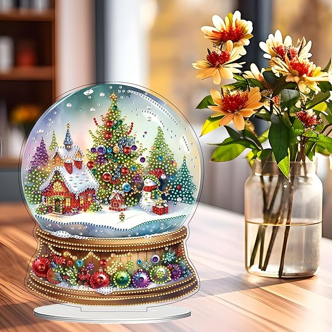 JJFox DIY Tabletop Diamond Art Painting Kit，Desktop Ornament Special Shaped Rhinestone Desk Placement Ornament，Home Stand Up Gem Painting Craft Kit Gift Double Sided (Christmas Crystal Ball)