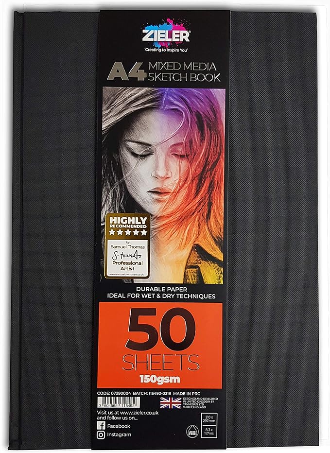 Hardback Casebound Mixed Media Sketch Book – 150gsm 50 Sheets - by Zieler™. Ideal for use with Pencils, Charcoal, Graphite, Pastels & Light Watercolour. Acid Free Sheets - Portrait (A4)