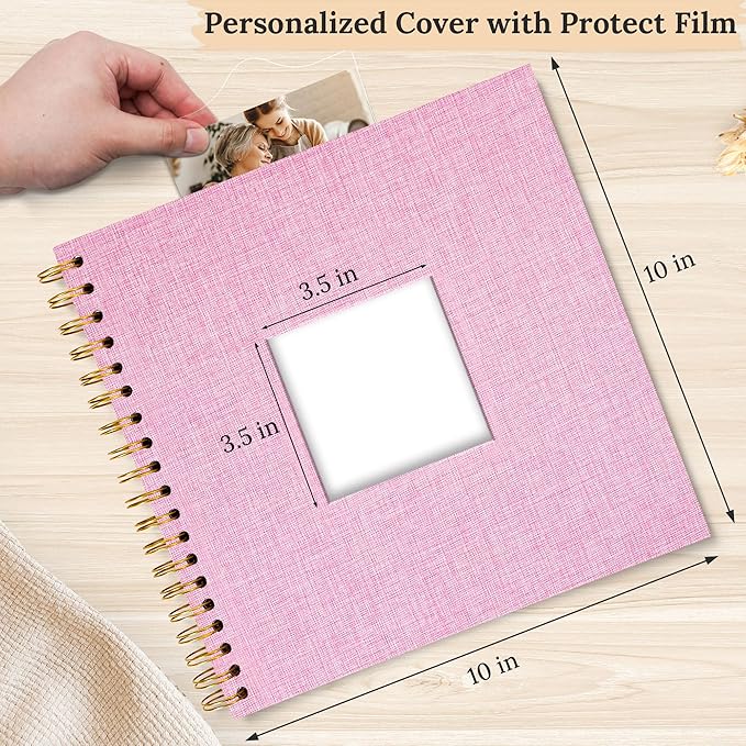 Scrapbook Photo Album Linen Cover, 10 x 10 Inch Hardcover Kraft White Pages Memory Book, for Travel Wedding Guest Book Christmas Baby Shower (40 Sheets/ 80 Pages,Pink)