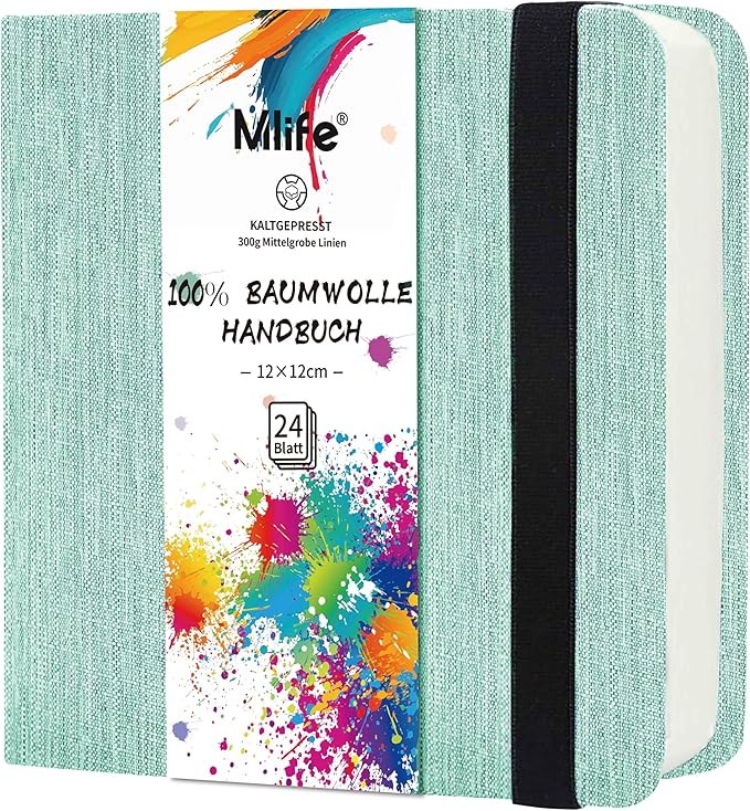 Mlife Square Watercolor Sketchbook,100% Cotton,300gsm/140lb,Acid-Free,Watercolor Journal for Artists Adults Students,4.7 * 4.7 Inches(Turquoise)