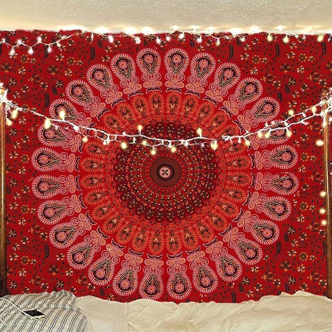bless international handmade indian hippie bohemian psychedelic peacock mandala wall hanging college dorm beach throws table cloth bedding tapestry (golden red, poster(30x40inches)(76x101cms))