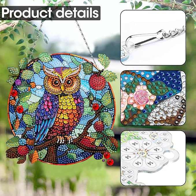SKRYUIE Owl Hanging Diamond Art Kits for Adults Pendant Suncatcher, Special Shaped Crystal DIY Pearl Diamond Painting Kit, Gift for Mother Spring Summer Window Wreath Decor 7.72 x 7.64 Inch A10