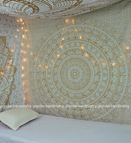 popular handicrafts wall hanging tapestry for bedroom hippie elephant mandala bohemian hippy metallic shine intricate indian tapestries bedspread 90 x 108 inches (230cm x 270cm) gold & white