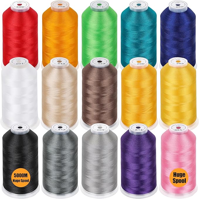 New brothreads - 15 Starter Colors of Huge Spool 5000M Polyester Embroidery Machine Thread for Commercial and Domestic Embroidery Machines