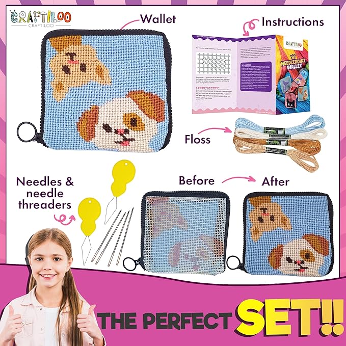 CRAFTILOO Needlepoint Kit for Kids — Beginner Cross Stitch Sewing Kit with Pre Printed Canvas, Easy Embroidery Arts and Crafts Starter Set for Girls and Boys Ages 6-12 (Cat & Dog)