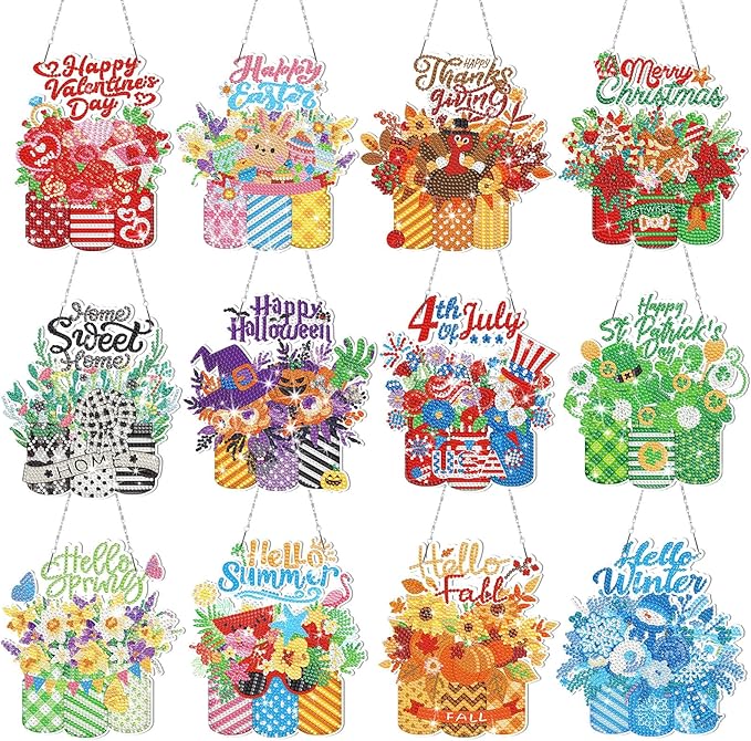 Cinnvoice 12 Pcs Seasonal Diamond Art Wreath Kits Holiday 5d DIY Diamond Art Hanging Signs Winter Spring Ornaments for Wall Door Decoration(Mason Jar)