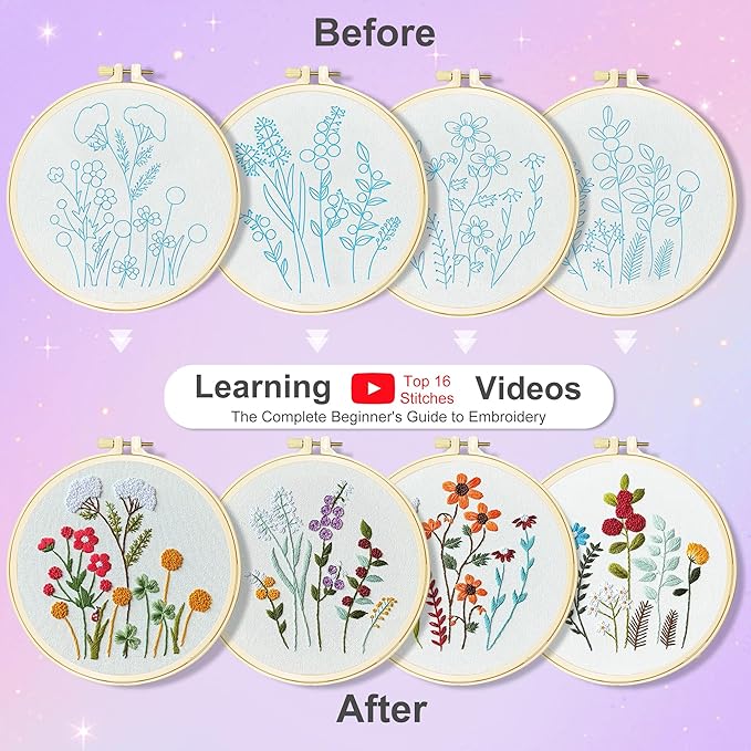 Huacan Embroidery Kit for Adults Beginner - Embroidery Kits for Adults Beginner 4 Pcs Stamped Floral Pattern, Hand Art Craft, DIY Sewing Kit with Box 7.9 x 7.9 Inch