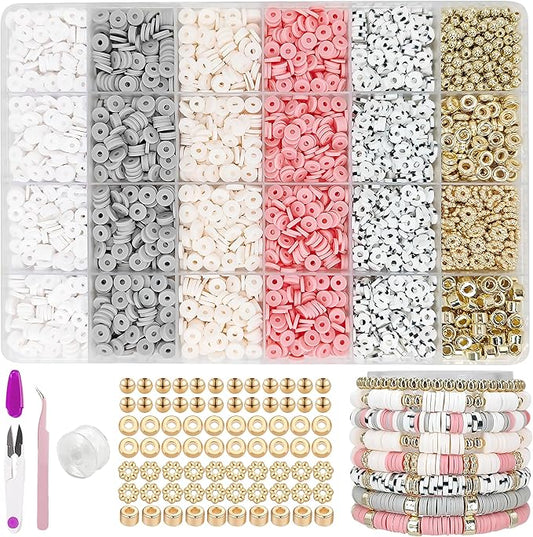 MIIIM Boho Neutral Clay Bead Bracelet Kit, Heishi Beads, Flat Clay Beads and Gold Spacer Beads for Jewelry Making, Friendship Bracelet Beads Kit for Valentine's Day, Crafts, Raves, Gifts