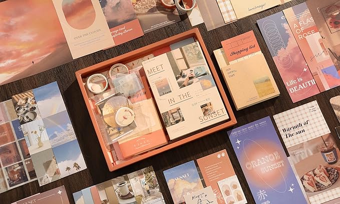 emmoolife 348 Pcs Scrapbooking Supplies Kit, Vintage Aesthetic Scrapbook Kit for Bullet Junk Journal, Stationery, A6 Grid Notebook, DIY Journaling Supplies, Birthday Craft Gift for Teen Girl Women