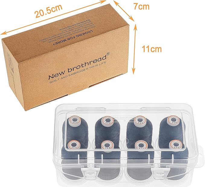 New brothread Polyester Embroidery Machine Thread 1000m Each with Clear Plastic Storage Box for Embroidery & Quilting - 8xBlack