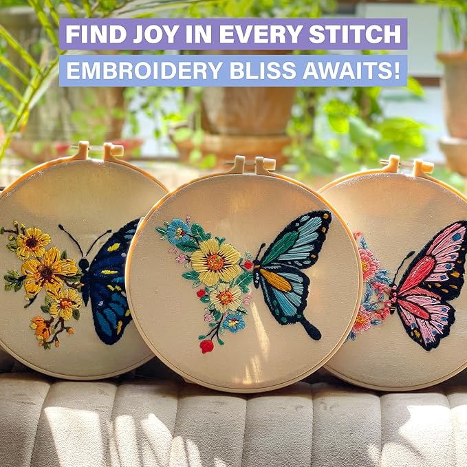 Butterfly Embroidery Kit for Beginners – DIY Embroidery Set with 3 Hoops, Colorful Stamped Patterns, Needles, Thread, Scissors – Hand Embroidery Kit for Adults, Teens, Women – Easy Cross Stitch Craft