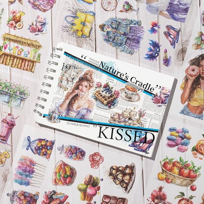 Stickers for Journaling, 20 Sheets Sweet Dessert Junk Journal Sticker, PET Washi Materials Scrapbooking Supplies for Adults, People Women Transparent Decorative Art Crafts