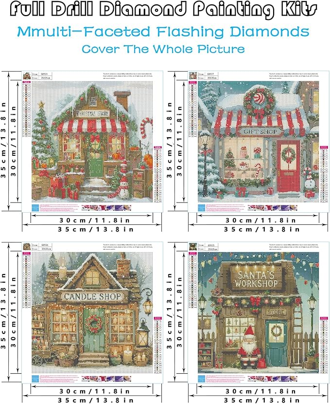 askkqtx 4 Pack Christmas Store Diamond Art Kits for Adults, Shop Diamond Painting Kits for Beginners, DIY 5D Full Drill Round Diamond Gem Art Craft for Gift Home Wall Decor 14x14 Inch