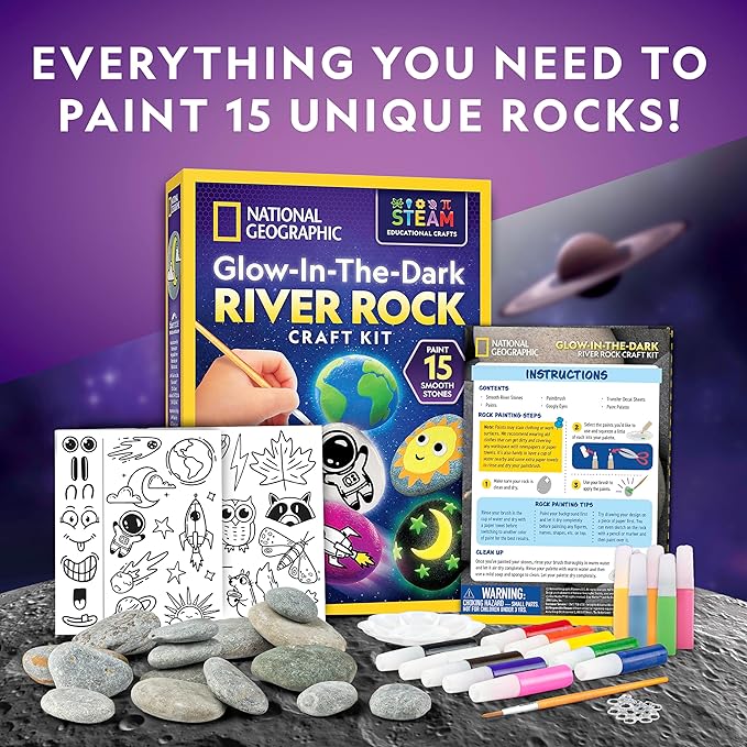 NATIONAL GEOGRAPHIC Glow in the Dark Rock Painting Kit - Arts & Crafts Kit for Kids, Decorate 15 River Rocks with 15 Paints & More Art Supplies, Outdoor Toys for Girls and Boys, Easter Basket Stuffers