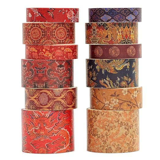 12 Rolls Chinoiserie Washi Tape Set Chinese Arts Adhesive Tapes Geometric Garden Decorative Masking Tape Sets for Craft, Kids, Scrapbook, DIY, Gift Wrapping (Prelude to a Night)