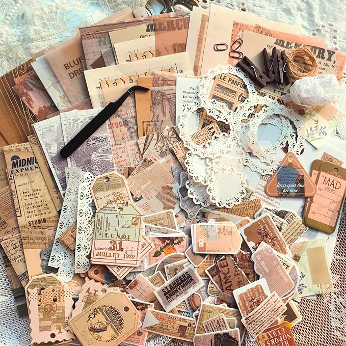 Flartmo 284 Pcs Complete Scrapbook Supplies Kit, Vintage Old Times Scrapbook Paper & Stickers, Junk Journal Scrapbooking Supplies Kit for Journaling, Scrapbooking Embellishments, Planner, Card