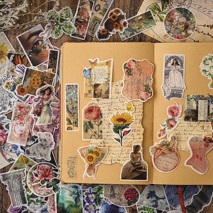Lora Rossie Vintage Aesthetic Scrapbook Kit, 450 Pcs Pre-Cut Flowers Butterflies Decorative Floral Planner Stickers for Scrapbooking Bullet Junk Journals Planner Stationery Crafts
