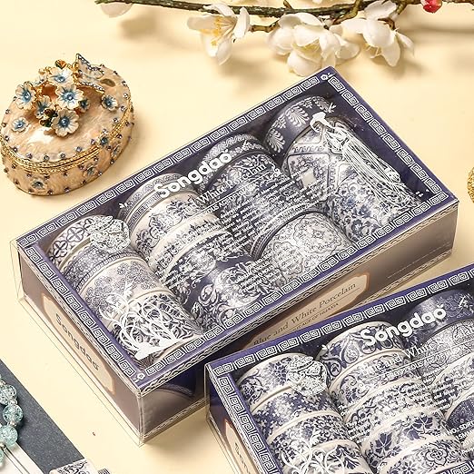 Blue & White Porcelain Washi Tape Set, Traditional Chinese Ceramic Pattern Decorative Masking Tapes, Oriental Art for Craft, Scrapbook, DIY, Gift Wrapping (2-Echoes of Blue/19 Rolls)