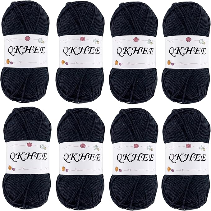 Yarn for Crocheting and Knitting 8 * 1.76 Oz (50G) /195yd, Fine/Fingering Weight (1), 60% Cotton 40% Acrylic Soft Yarn kit for Making Granny Squares and amigurumi (Black)