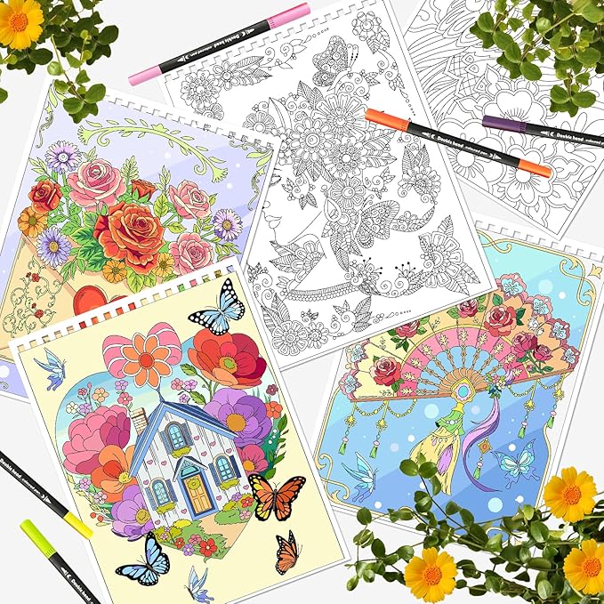 Kalysky Adult Coloring Book with Markers - Spiral Bound Coloring Book for Adults Relaxation with 36 Premium Markers | Stress Relief, Art Therapy, Mindfulness Gift