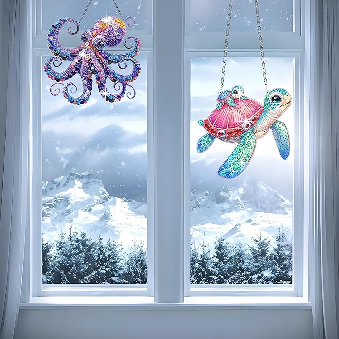 Muzagroo Art Diamond Art Kits for Adults, 5D Diamond Painting Kits for Beginners, DIY Special Shaped Diamonds Art Hanging Ornament for Windows 2 PCS Animals Diamond Pendant (Octopus)