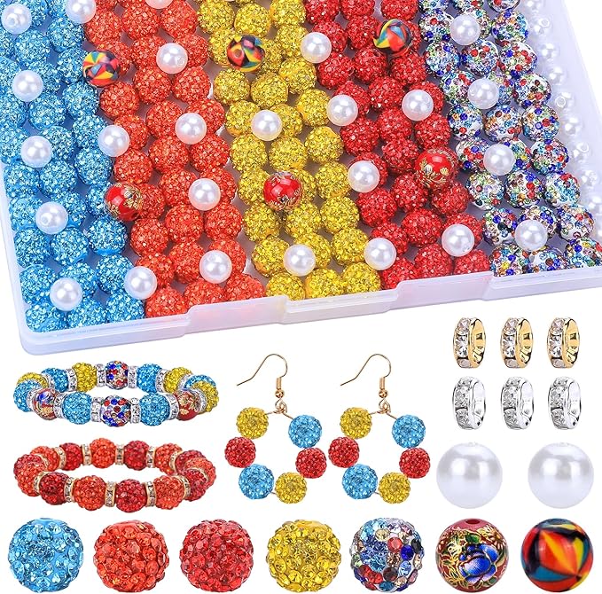 AIPRIDY Jewelry Making Beads Set, 300 PCS 10mm Rhinestone Clay Beads, 8mm Mixed Color Spacer Beads with Pearl and Floral Beads for DIY Jewelry Making (17# Mixed)