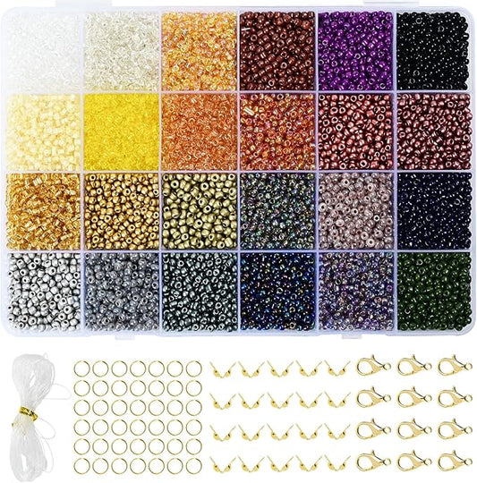 Vtssvow 3mm Glass Seed Beads for Bracelets Making, 24 Colors 10000pcs Friendship Bracelet Making Kit, Small Glass Beads for Jewelry Making (Mix 24 Color, Metallic)