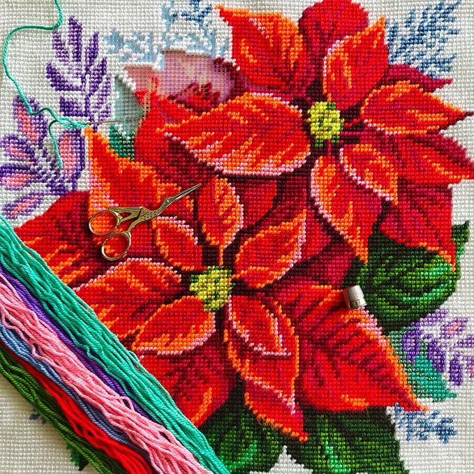 Brvsk Christmas Embroidery Kit for Adults and Beginners — Poinsettia 16″ × 16″ with Clear, Precise Printed Design on Cotton Canvas; Includes 2 Needles, Yarn, and Easy-Read Chart