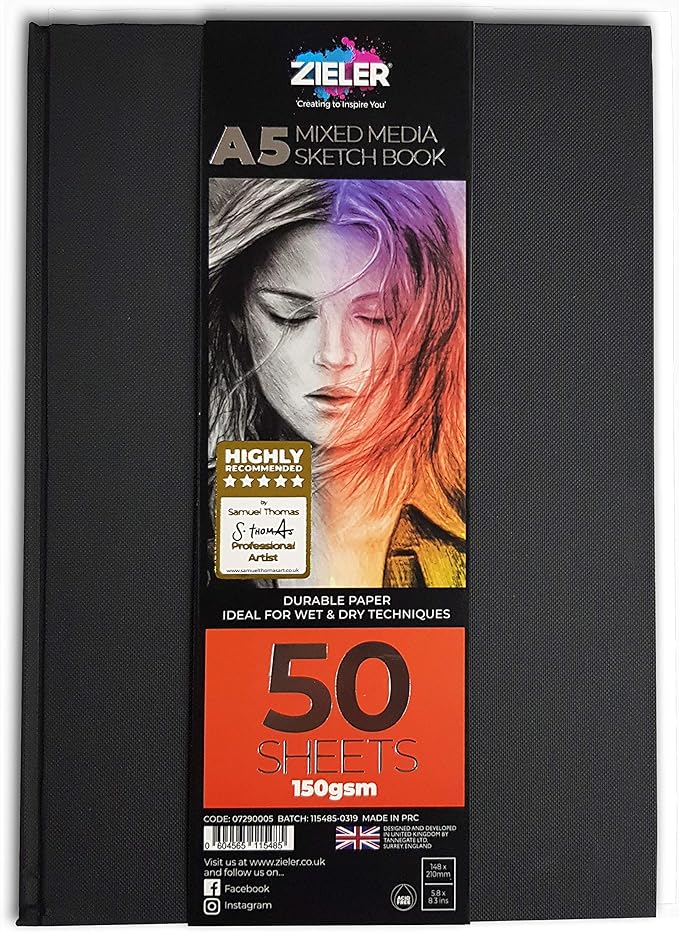 Hardback Casebound Mixed Media Sketch Book – 150gsm 50 Sheets - by Zieler™. Ideal for use with Pencils, Charcoal, Graphite, Pastels & Light Watercolour. Acid Free Sheets - Portrait (A5)
