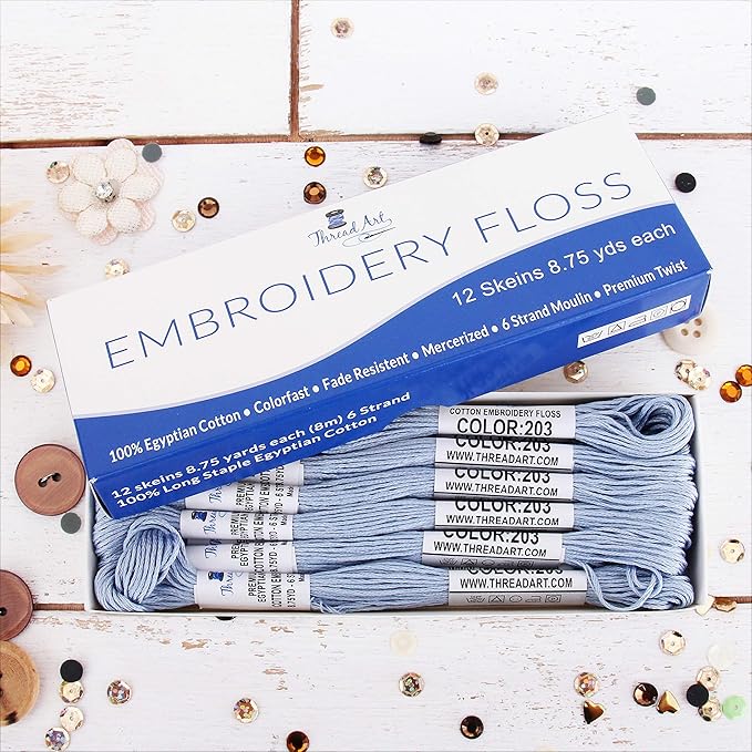 12 Skeins ThreadArt Premium Egyptian Long Fiber Cotton Embroidery Floss | Very Light Blue | 6 Strand Divisible Thread 8.75yds Each for Hand Embroidery, Friendship Bracelets, Cross Stitch and Crafts