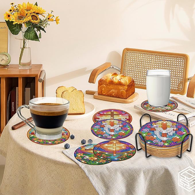 8 Pcs Cross Diamond Art Coasters Kit with Holder and Cork Pads, DIY Christian Diamond Painting Coasters for Adults Beginners, Religious Crafts for Home Decor or Gift