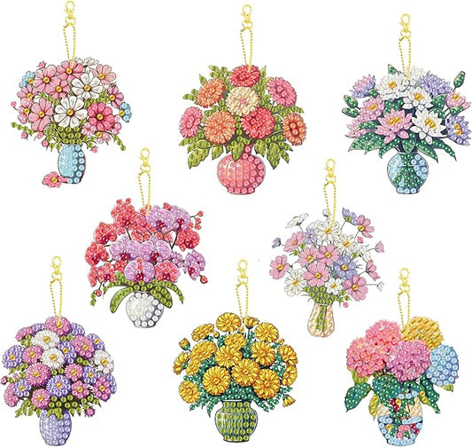 Masendp Diamond Painting Kit Keychain, 8 Pieces Diamond Art Painting Keyring 5D DIY Double-Sided Arts & Crafts Kit Mosaic Making Pendant Ornament Adult Craft Accessories (Floral)