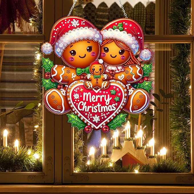 JJFox Diamond Art Hanging Kit for Adult,Special Shaped Rhinestone,DIY Acrylic Diamond Art Painting Window Pendants Home Garden Wall Hanging Kits Hanging Ornament,Double Sided (Gingerbread Man)
