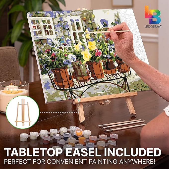 Ledgebay DIY Paint by Numbers Kit for Adults Framed Canvas Beginner to Advanced Paint by Numbers Kit, Kits Include Acrylic Paint Set, Brushes & Tabletop Easel (Ritas Pansies 16" x 20" Framed)