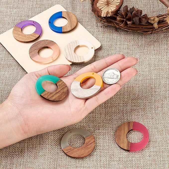 Beadthoven 18pcs/9 Pairs Natural Wood Resin Charms Hollow Round Circle DIY Earrings Pendants Mixed Colors Round Ring Wooden Pieces Pendants for Statement Jewelry Making Findings